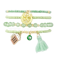 4Pcs 4 Style Evil Eye Valentine's Theme Alloy Enamel & Polycotton(Polyester Cotton) Tassel Charm Bracelets Set, Glass Beaded Stretch Bracelets, Light Green, Inner Diameter: 2-1/8 inch(5.4cm), 1Pc/style(BJEW-JB09618-01)