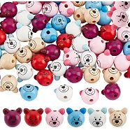 72Pcs 6 Styles Printed Natural Wooden Beads, Bear Head, Dyed, Mixed Color, 26~27x26~28x23.5~25.5mm, 12pcs/color(WOOD-NB0002-07)