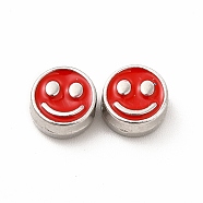 Rack Plating Alloy Enamel Beads, Cadmium Free & Nickel Free & Lead Free, Flat Round with Smiling Face Pattern, Platinum, Red, 7.5x4mm, Hole: 2mm(FIND-G051-01P-07)