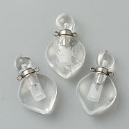 Natural Quartz Crystal Pendants, Rock Crystal Pendants, with Platinum Brass Findings, Openable Perfume Bottle, 37x21x11mm, Hole: 1.5mm(G-B009-25P-C)