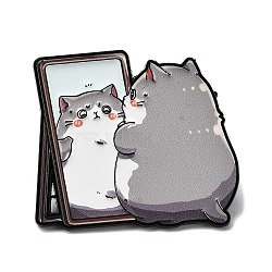 Cat with Mirror Enamel Pins, Alloy Lapel Pin Backs for Backpack Clothes, Gray, 30.5x33.5mm(JEWB-I055-05EB-04)