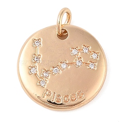 Brass with Clear Cubic Zirconia Pendants, with Jump Rings, Flat Round, Pisces, 15.5x2mm, Hole: 3.5mm(KK-N256-24L-G)