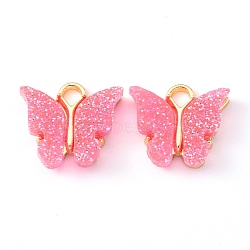 Alloy Enamel Pendants with Glitter Powder and Zinc Alloy Hanging Plating, Butterfly, Light Gold, Salmon, 13x15x3.5mm, Hole: 2.0mm(ENAM-R056-01J)
