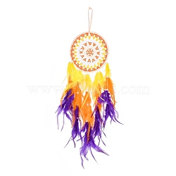Iron Woven Web/Net with Feather Pendant Decorations, with Plastic Beads, Covered with Leather Cord, Flat Round, Colorful, 640mm(AJEW-P097-03)