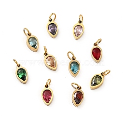 PVD Vacuum Plating304 Stainless Steel Pendants, Long-Lasting Plated, with Cubic Zirconia and Jump Rings, Single Stone Charms, Teardrop, Golden, Mixed Color, 9.5x5x2.5mm, Hole: 3.5mm(STAS-D189-02G)