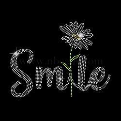 Word Smile & Daisy Pattern Glass Hotfix Rhinestone, Iron on Appliques, Costume Accessories, for Clothes, Bags, Pants, Crystal, 297x210mm(DIY-WH0303-103)