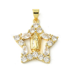 Brass Micro Pave Clear Cubic Zirconia Pendants, Real 18K Gold Plated, Star, 24.5x23.5x3.5mm, Hole: 4x3mm(KK-H472-38B-G)