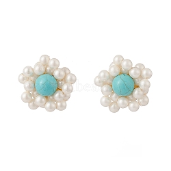 Synthetic Green Turquoise & Shell Pearl Braided Flower Stud Earrings, Golden Brass Jewelry for Women, 21.5mm, Pin: 0.6mm(EJEW-TA00161)