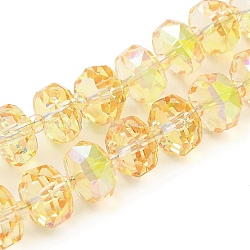 Transparent Electroplat Glass Beads Strands, Half Plated, Faceted, Rondelle, Yellow, 10x6mm, Hole: 1.2mm, about 60pcs/strand, 19.69''(50cm)(EGLA-P062-01A-HP02)