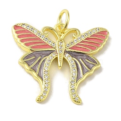 Brass Enamel Micro Pave Cubic Zirconia Pendants, Real 18K Gold Plated Butterfly Charms, with Jump Ring, Light Coral, 22x25x2.5mm, Hole: 4.2mm(KK-Z042-09G-01)