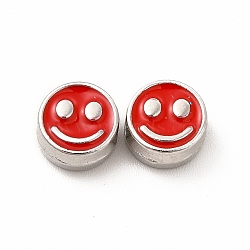 Rack Plating Alloy Enamel Beads, Cadmium Free & Nickel Free & Lead Free, Flat Round with Smiling Face Pattern, Platinum, Red, 7.5x4mm, Hole: 2mm(FIND-G051-01P-07)