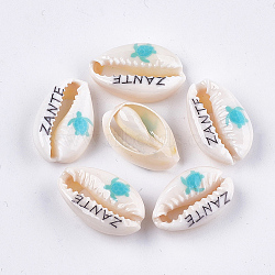 Printed Cowrie Shell Beads, No Hole/Undrilled, Sea Turtle & ZANTE Pattern, Dark Turquoise, 18~21x11~14x6~8mm(SHEL-S276-12A)
