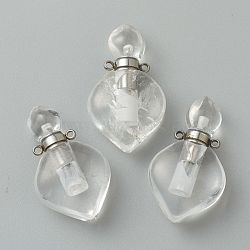 Natural Quartz Crystal Pendants, Rock Crystal Pendants, with Platinum Brass Findings, Openable Perfume Bottle, 37x21x11mm, Hole: 1.5mm(G-B009-25P-C)