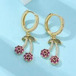 Brass Cubic Zirconia Hoop Earrings, Lead Free & Cadmium Free, Long-Lasting Plated, Rack Plating, Cherry, Real 18K Gold Plated, 30x13mm(EJEW-R016-16G)