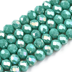 Electroplate Glass Beads Strands, Pearl Luster Plated, Faceted, Rondelle, Light Sea Green, 6x5mm, Hole: 1mm, about 85~88pcs/strand, 16.1~16.5 inch(41~42cm)(EGLA-A034-P6mm-B27)