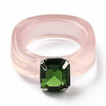 Resin Finger Rings, with Plastic Rhinestone, Rectangle, Platinum, Pink, US Size 6, Inner Diameter: 17mm