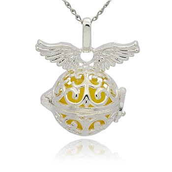 Silver Color Plated Brass Cage Pendants, Hollow Round with Wing, with No Hole Spray Painted Brass Round Ball Beads, Gold, 31x30x21mm, Hole: 3x8mm