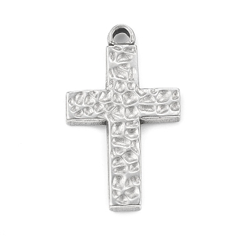 304 Stainless Steel Pendants, Textured, Cross Charm, Stainless Steel Color, 29x17x2.5mm, Hole: 2mm