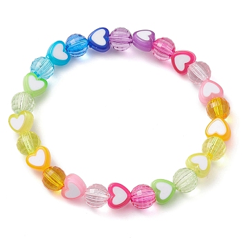Heart & Faceted Round Acrylic Beaded Stretch Bracelets, Rainbow Color Bracelets for Women, Colorful, Inner Diameter: 2-1/4 inch(5.8cm), Bead: 8mm and 8x7mm