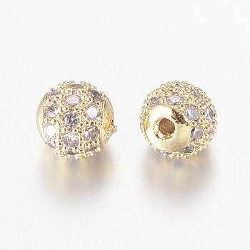 Brass Micro Pave Cubic Zirconia Beads, Round, Nickel Free & Lead Free & Cadmium Free, Clear, Golden, 4mm, Hole: 0.7mm