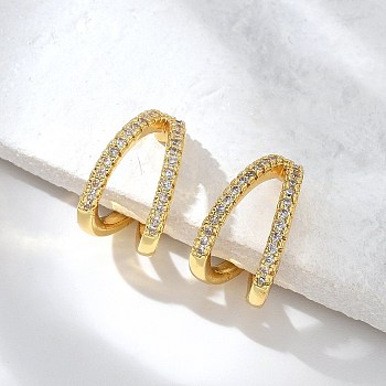 Clear Cubic Zirconia Double Line Cuff Earrings, Rack Plating Brass Jewelry, Long-Lasting Plated, Cadmium Free & Lead Free, Real 18K Gold Plated, 13x13x8mm