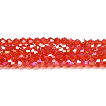 Transparent Electroplate Glass Beads Strands, AB Color Plated, Faceted, Bicone, Red, 3.5~3.8x3mm, Hole: 0.8mm, about 113~115pcs/strand, 14.17~14.37 inch(36~36.5cm)