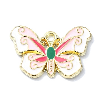 Alloy Enamel Pendants, Golden, Butterfly Charm, Pink, 15x22x1.5mm, Hole: 2.5mm