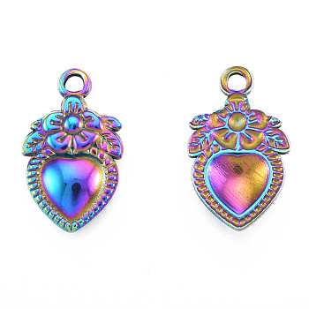 Ion Plating(IP) 201 Stainless Steel Pendants, Heart with Flower, Rainbow Color, 21x13x2.5mm, Hole: 2mm