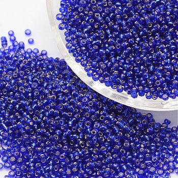 6/0 Transparent Glass Round Seed Beads, Grade A, Silver Lined, Dark Blue, 3.6~4.0mm, Hole: 1.2mm, about 5000pcs/pound
