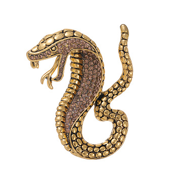 Snake Alloy Rhinestone Brooch Pin, Alloy Badge for Backpack Clothes, Antique Golden, 60.5x47mm