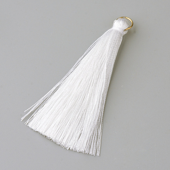 Nylon Thread Tassel Pendants Decoration, with Brass Findings, Golden, White, 35x7mm, Hole: 7mm