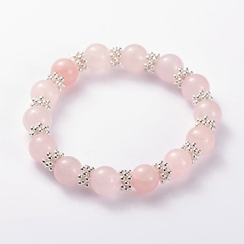 Valentine's Day Charming Natural Gemstone Beaded Stretch Bracelets, with Alloy Snowflake Beads, Rose Quartz, 56mm
