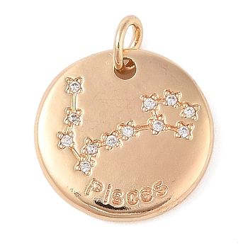 Brass with Clear Cubic Zirconia Pendants, with Jump Rings, Flat Round, Pisces, 15.5x2mm, Hole: 3.5mm