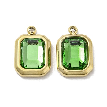 Real 14K Gold Plated 304 Stainless Steel Pendants, with Glass, Rectangle Charms, Green, 13.5x9x4mm, Hole: 1.4mm
