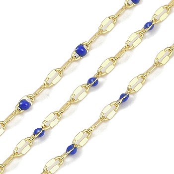 Rack Plating Brass Dapped Chains, with Enamel, with Spool, Soldered Lead Free & Cadmium Free, Real 18K Gold Plated, Medium Blue, 4x2x1mm