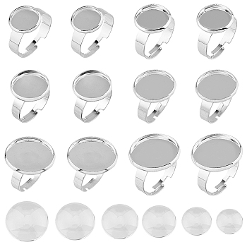 DIY Blank Dome Ring Making Kit, Including Adjustable 201 Stainless Steel Flat Round Bezel Cup Ring Settings, Glass Cabochons, Stainless Steel Color, 24Pcs/box