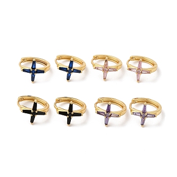 Cross Cubic Zirconia Cuff Earrings, Real 18K Gold Plated Brass Jewelry for Women, Cadmium Free & Lead Free, Mixed Color, 17x15x12mm, Pin: 1mm