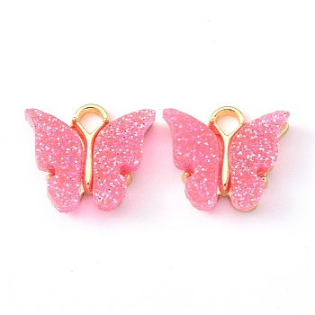 Alloy Enamel Pendants with Glitter Powder and Zinc Alloy Hanging Plating, Butterfly, Light Gold, Salmon, 13x15x3.5mm, Hole: 2.0mm