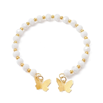 Glass Round Beaded Cuff Bangles, with Golden Brass Butterfly Charms, WhiteSmoke, Inner Diameter: 2-1/8 inch(5.5cm)
