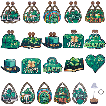 Saint Patrick's Day DIY Earring Making Kit, Including Wood Big Pendants & Stud Earring Findings, Clover & Book & Gnome & Hat, Green, 90Pcs/box