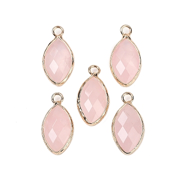 Natural Rose Quartz Faceted Pendants, Brass Horse Eye Charms, Golden, 22.5x10.5x5~5.5mm, Hole: 2mm