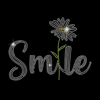 Word Smile & Daisy Pattern Glass Hotfix Rhinestone, Iron on Appliques, Costume Accessories, for Clothes, Bags, Pants, Crystal, 297x210mm