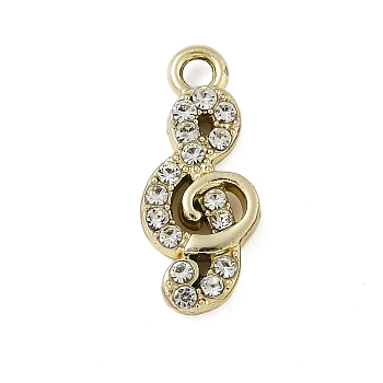 Alloy Rhinestone Pendants, UV Plated, Musical Note, Light Gold, 18x7.5x3mm, Hole: 1.8mm