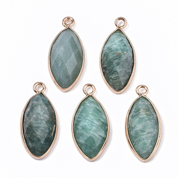 Natural Amazonite Pendants, with Golden Plated Edge Brass Findings, Faceted, Horse Eye, 20x9x5mm, Hole: 1.2mm