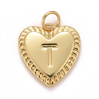 Rack Plating Real 18K Gold Plated Brass Pendants, with Jump Rings, Long-Lasting Plated, Lead Free & Cadmium Free & Nickel Free, Heart with Letter A~Z, Letter.T, 16x15x2.5mm, Jump Ring: 5x0.5mm, 3mm Inner Diameter