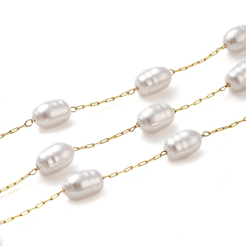 Oval Plastic Pearl Beaded Link Chains, with Ion Plating(IP) 304 Stainless Steel Paperclip Chains, Soldered, with Spool, Golden, 10x6mm, 2.5x0.8x0.2mm