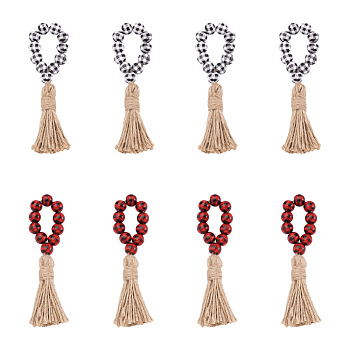 Crafans 8Pcs 2 Colors Tartan Pattern Wood Beads & Jute Tassel Napkin Rings, for Weddings Party Serviette Table Decoration, Mixed Color, 180mm, 4pcs/color