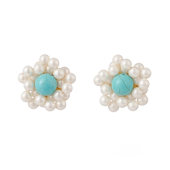 Synthetic Green Turquoise & Shell Pearl Braided Flower Stud Earrings, Golden Brass Jewelry for Women, 21.5mm, Pin: 0.6mm
