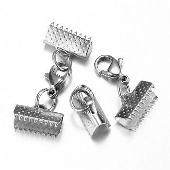 304 Stainless Steel Lobster Claw Clasps, with Ribbon Ends, Stainless Steel Color, 35mm