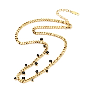 Rhinestone Charms Necklace with Curb Chains, Gold Plated 304 Stainless Steel Jewelry for Women, Jet, 15.00 inch(38.1cm)